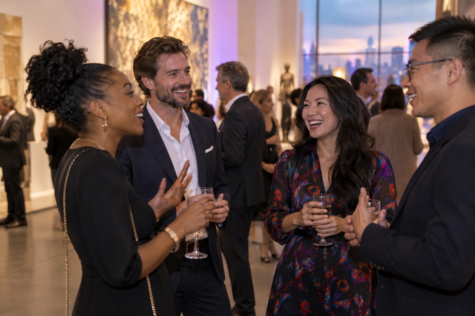 Guests laughing together at a professional networking reception